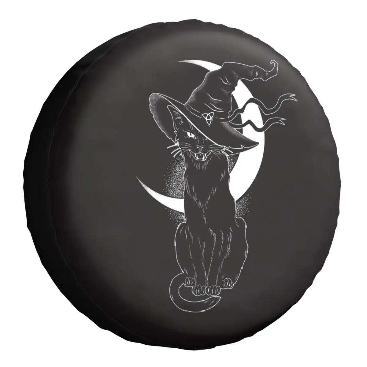 Custom Black Cat With Pointy Witch Hat Spare Tire Cover for Jeep Halloween Night Spooky Moon Car Wheel Protectors 14